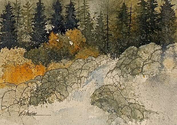 Mountain Rocks Rushing Water 8.5 x 12.5 watercolor by Ernie Verdine $1,250