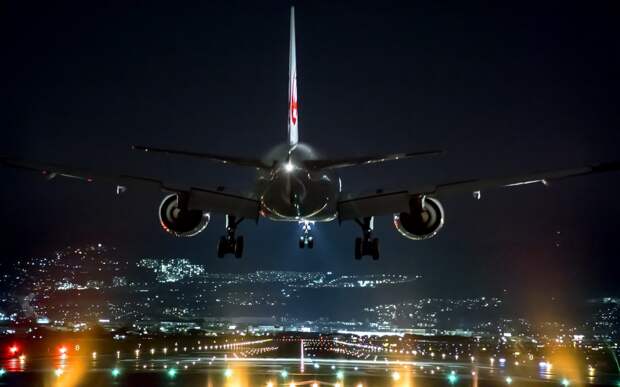 Аэропорт, самолет, фары, посадка, технологии, Осака, Япония, городской пейзаж, ночь 