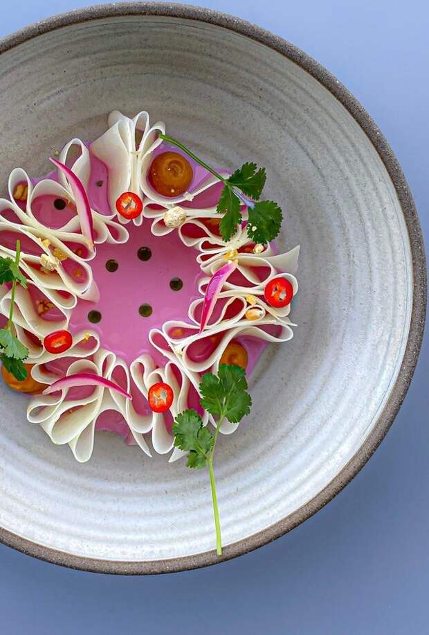 Сладкий картофель, кориандровое масло, жареная кукуруза Сладкий картофель, кориандровое масло, жареная кукуруза
