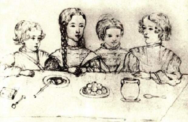 Дети А.С.Пушкина в 1841 году. Слева направо - Гриша, Маша, Наташа, Саша