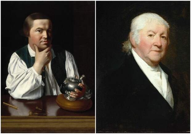 Слева направо: Портрет Пола Ревира, работа Джона Копли, 1768 год. \ Портрет Пола Ревира, Гилберт Стюарт, 1813 год.