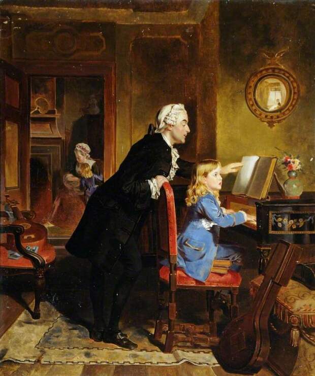 Картина XIX века, изображающая Вольфганга и его отца Леопольда за занятием музыкой. Художник — Эбенейзер Кроуфорд