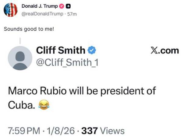 🇺🇸👊🇨🇺Трамп поддержал идею сделать Рубио президентом Кубы и грубо угрожает Гаване