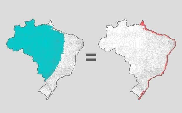 13. В выделенных синим и красным цветами регионах Бразилии живёт одинаковое количество людей в мире, интересно, карта, познавательно, фото