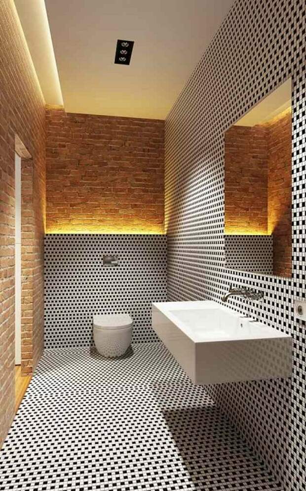 Отменный вариант оформления ванной комнаты с черно-белой кладкой, что вдохновит.