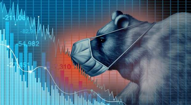 Bear wearing a mask with falling stock chart in the background