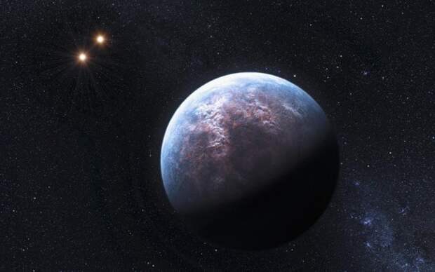 Экзопланета, размер которой больше Земли в шесть раз, вращается вокруг звезды малой массы на орбите, радиус которой 1/20 от орбиты Земли. У звезды есть две звезды-компаньона, видимые в верхней части рисунка космос, красота, планета, рисунки, художники