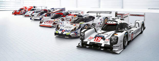 Porsche-триумфаторы Ле-Мана. Слева направо: 917KH,  936 Spyder,  956 C LH,  962 Dauer,  911 GT1/98, 919 Hybrid.