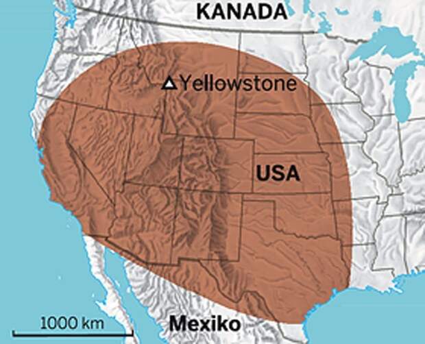 Зона прямого поражения территории США после извержения Йеллоустоуна