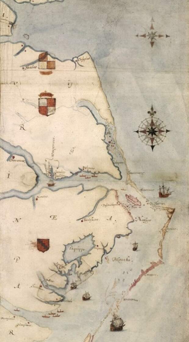 Английская карта восточного побережья Северной Америки, составленная в 1585 году Джоном Уайтом. Остров Роанок отмечен розовым цветом. | Фото: ru.wikipedia.org.