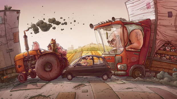 Фото обои пробка, свиньи, дорога, машины, поля, грузовик, трактор, рисунок для всех разрешений монитора