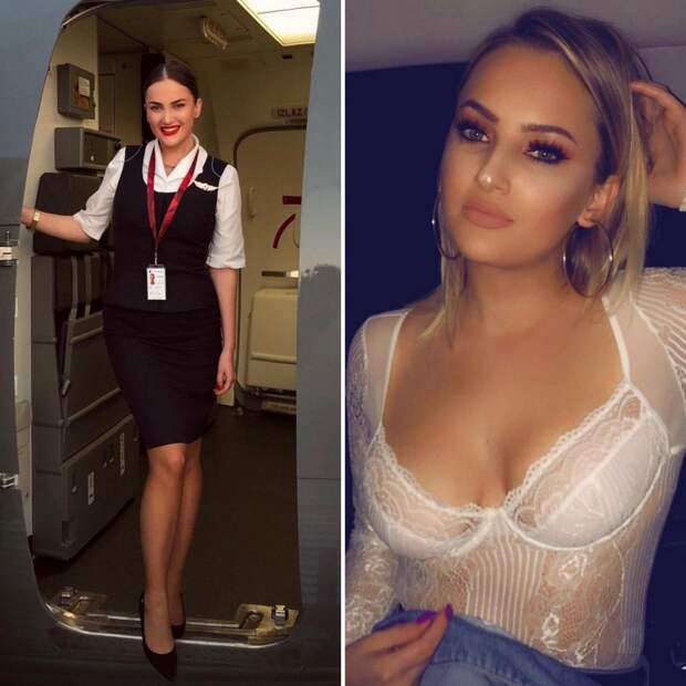 Красивые девушки-стюардессы в униформе и без неё
