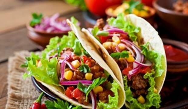 Фото к рецепту: Такос с мясной начинкой, овощами и зеленью Фото к рецепту: Такос с мясной начинкой, овощами и зеленью