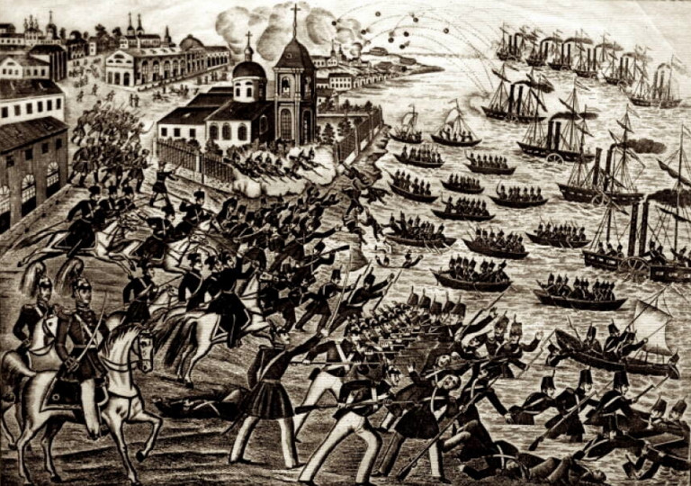 Заглавная иллюстрация. «Отражение англичан от города Таганрога 1855 года мая 22 дня». Русская гравюра середины XIX века