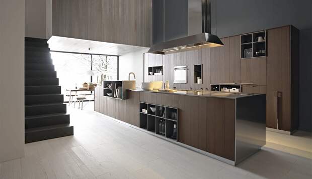 Хорошенький вариант оформить кухню с помощью деревянных текстур, что понравится.