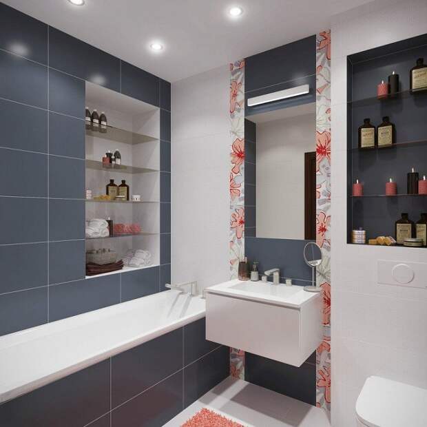 Интерьер ванной-комнаты преображен за счет цветных вставок в кафель, что выглядят чудесно.