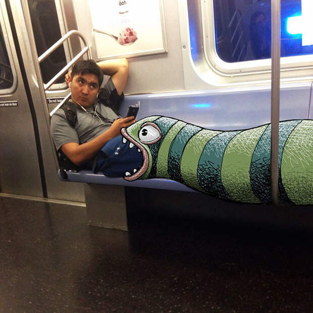Нью-йоркский художник натравливает монстров на пассажиров метро метро, монстры, смешно, художник