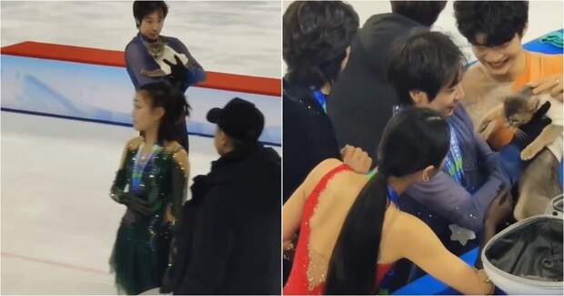 Китайский фигурист тренируется вместе с котом