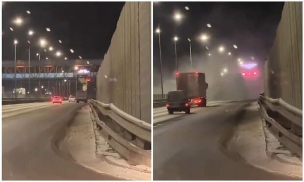 Самосвал с поднятым кузовом снёс надземный пешеходный переход на трассе М4