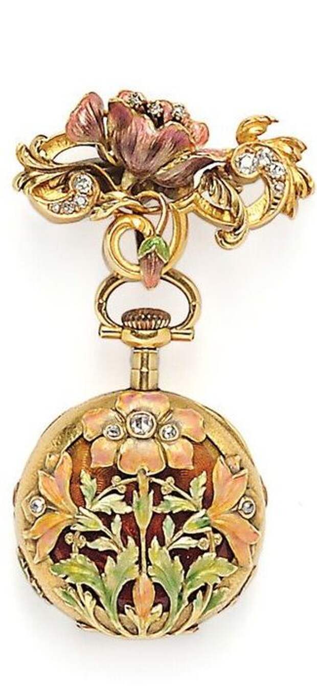 Art Nouveau 18kt Gold, Enamel, and Diamond Open Face Pendant Watch, the case with enamel flowers and rose-cut diamonds, the cuvette with guilloche enamel, hammered gold accents, the white enamel dial with Arabic numeral indicators and subsidiary seconds dial, stem-wind and stem-set, 27 mm, and suspended from a conforming watch pin, total lg. 2 1/2 in.: 