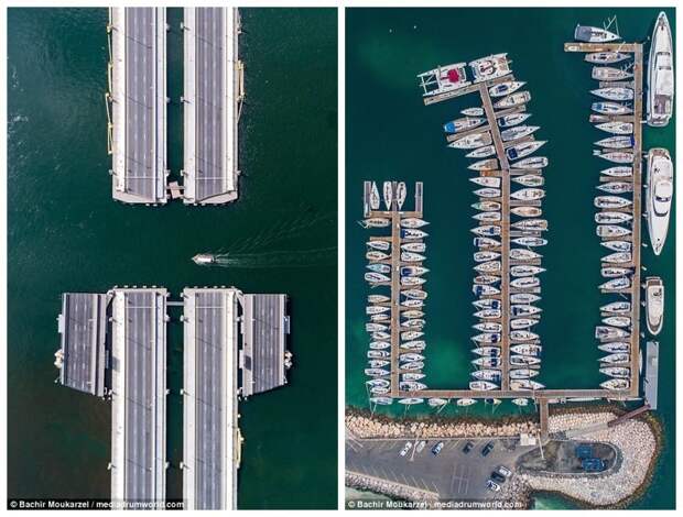 Слева - понтонный мост Floating Bridge ("Плавучий мост") через Дубайскую бухту. Справа - яхты на причале в заливе Дубай Марина Дубай фото, аэросъемка, дрон, дубай, дубай достопримечательности, квадрокоптер, с высоты птичьего полета, снимки с дрона