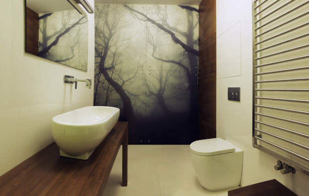 Невероятный интерьер ванной комнаты с чудным лесом – выглядит просто незабываемо.