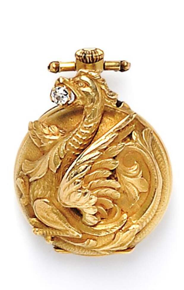 Art Nouveau 18kt Gold and Diamond Open-face Pendant Watch, France, designed as a griffin clutching an old mine-cut diamond, enclosing a stem-wind, pin-set movement, 23 mm, maker's mark and guarantee stamps.: 