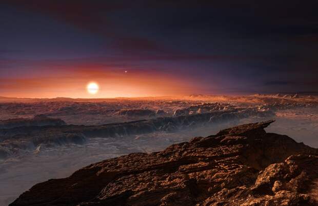 Sun rises over rocky alien landscape.