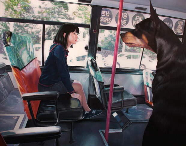 Девушка и собака: картины Woo Jeong Jae