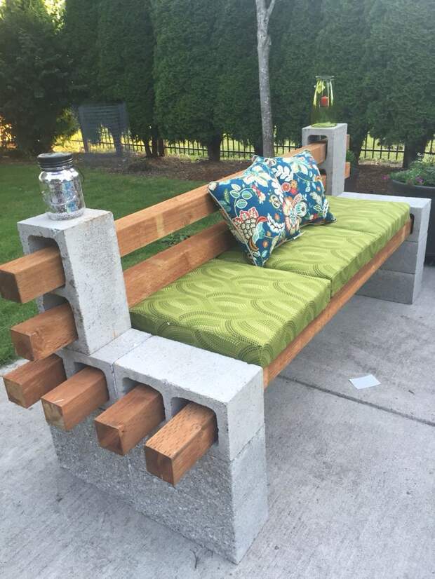 DIY patio furniture. Cinder block bench with back: 