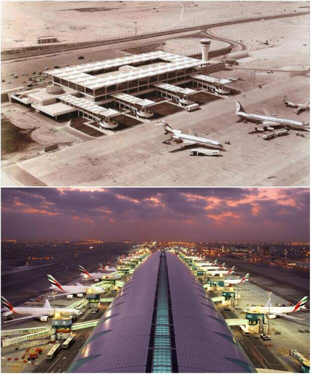 Международный аэропорт Дубаи в 1971 г. и один из его терминалов в 2019 г. | Фото: foto-history.livejournal.com/ viaggiareadubai.it.