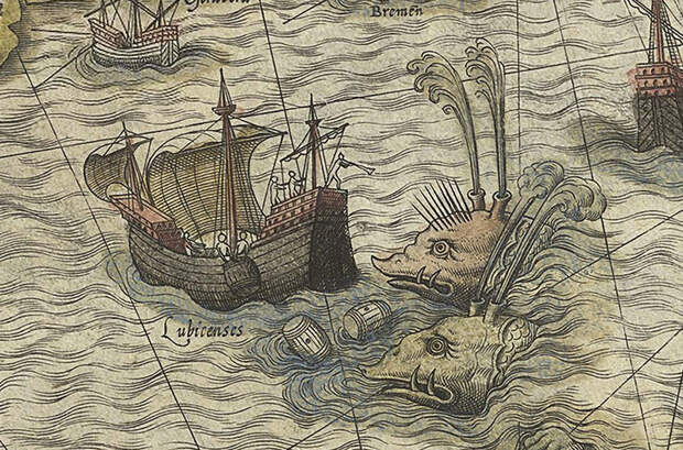 Нападение китов на судно. Матросы бросают в море бочки, а человек на борту пытается отпугнуть монстров трубными звуками. Carta marina Олафа Магнуса, 1539 год. С гравированной на меди репродукции 1572 года. Королевская библиотека, Стокгольм, Швеция карта мира, чудовища