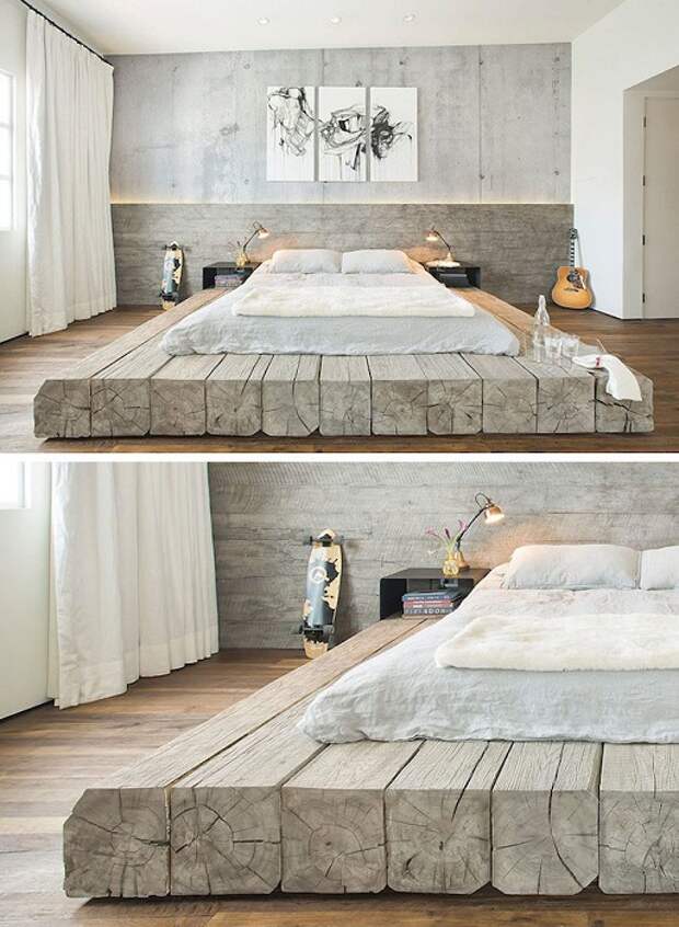 Очаровательный интерьер преображен с помощью нестандартной кровати на деревянной платформе.