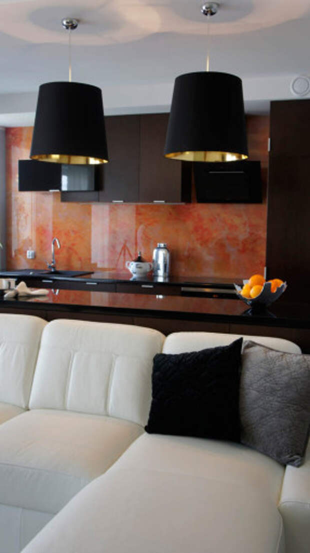 Стильный дизайн коричнево черно красной кухни в однокомнатной квартире студии