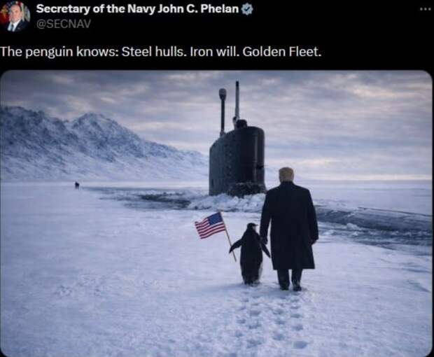 Министр ВМС США опубликовал изображение Трампа с пингвином на фоне «Золотого