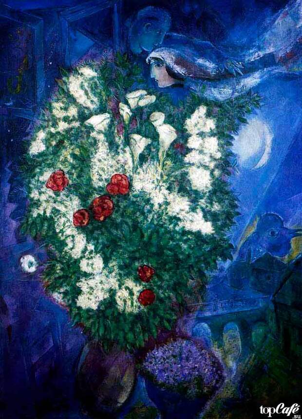 Самые известные картины Шагала: Букет с лилиями и летящие любовники (1947)