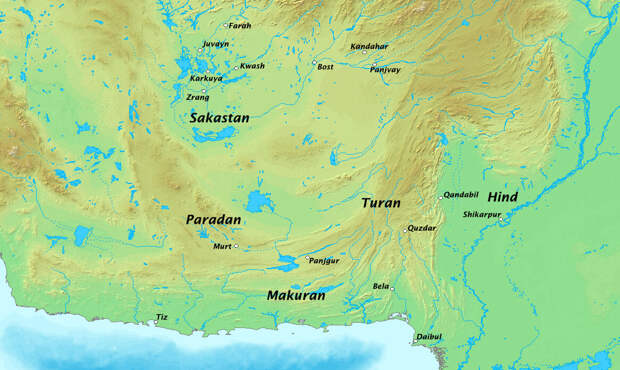 Территория Сакастана, Турана и Хинда. На юге берег Индийского океана, справа река Инд.