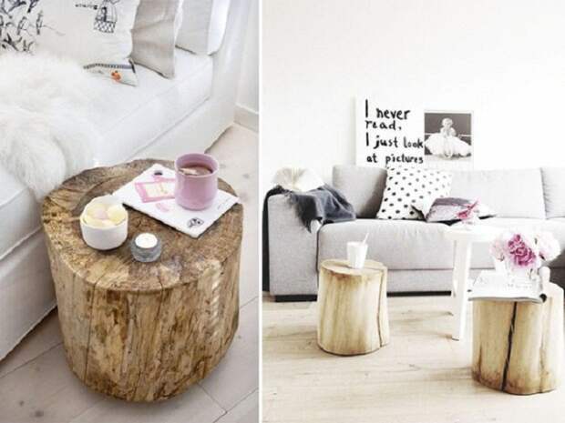 Прекрасный вариант создать стол-тумбочку из среза дерева.