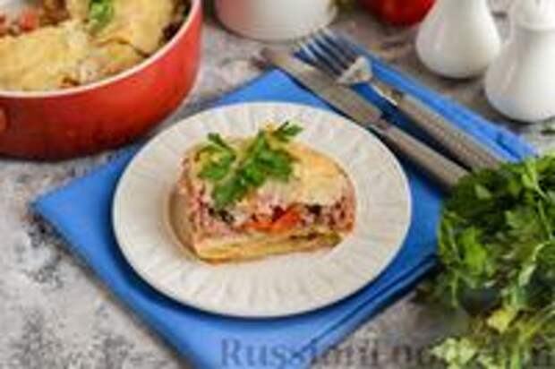 Фото к рецепту: Пирог из теста фило, с курицей, сметаной и зеленью