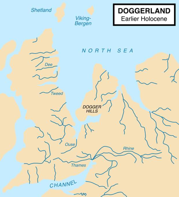 Карта, показывающая гипотетическую территорию Доггерленда (ок. 10 000 до н.э.), который служил сухопутным мостом между Великобританией и континентальной Европой. Автор: Макс Нейлор, CC BY-SA 3.0