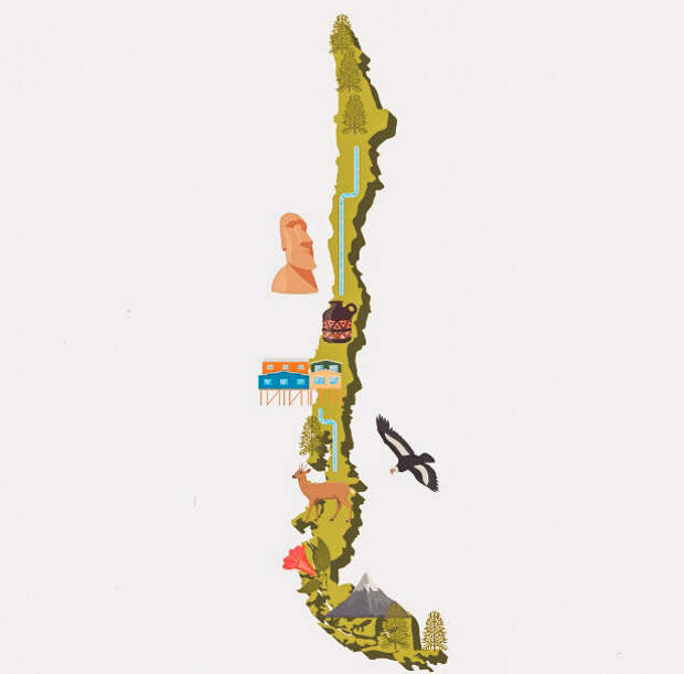 Карта Чили - самой длинной страны с севера на юг