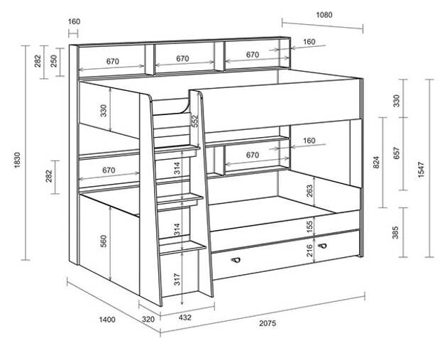 чертеж двухъярусной кровати