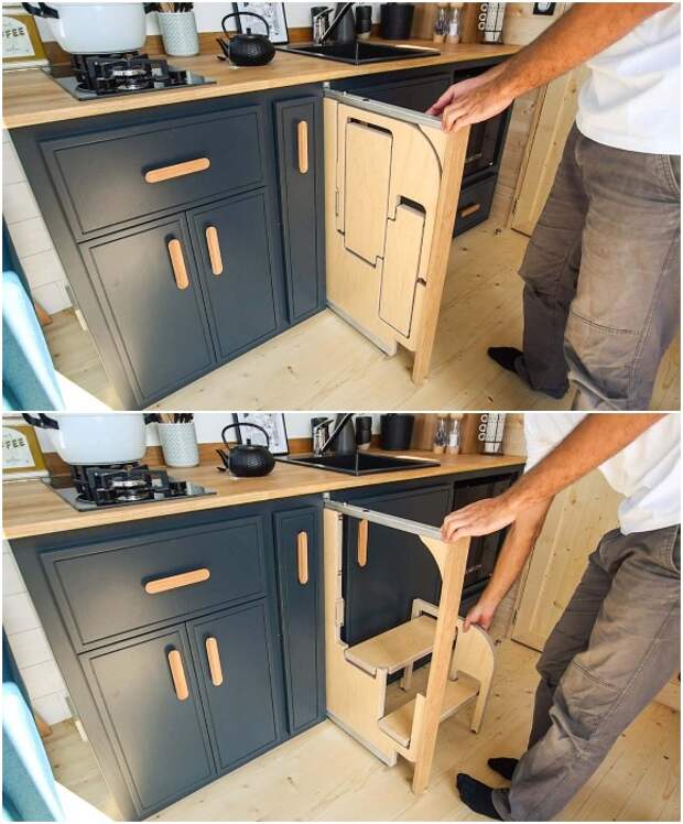 В кухонном гарнитуре спрятана выдвижная лестница, которая позволит добраться до верхних полок навесных шкафов (модель The ia Orana). В кухонном гарнитуре спрятана выдвижная лестница, которая позволит добраться до верхних полок навесных шкафов (модель The ia Orana).