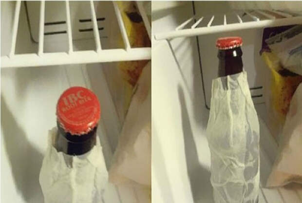 Бутылка, обернутая влажной салфеткой, охладится в холодильнике за несколько минут.