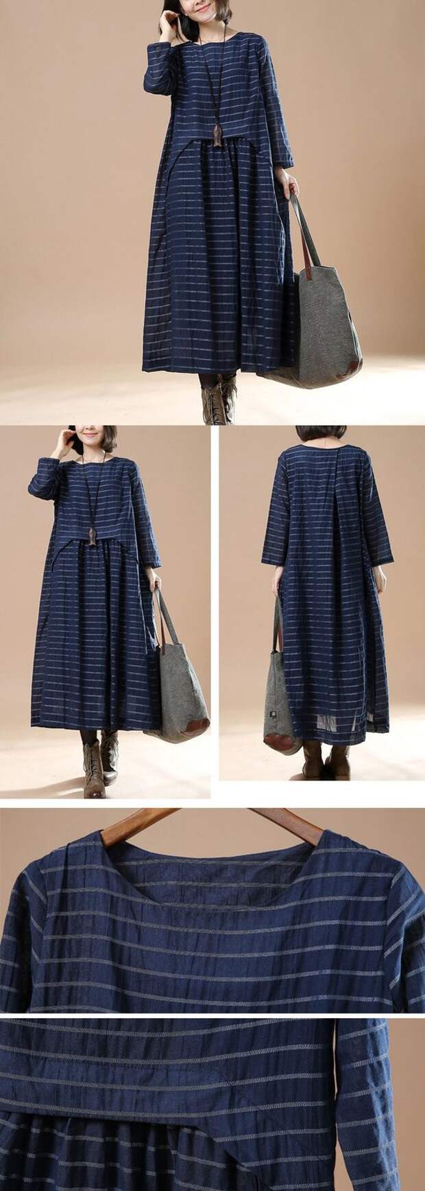 Blue Women 100%  cotton loose long sleeve dress. buykud dresses: 