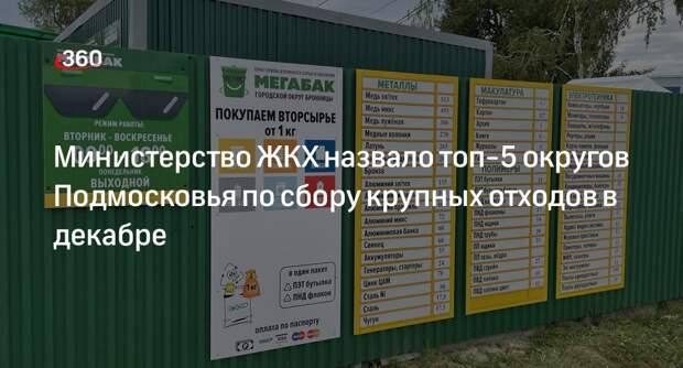 Министерство ЖКХ назвало топ-5 округов Подмосковья по сбору крупных отходов в декабре