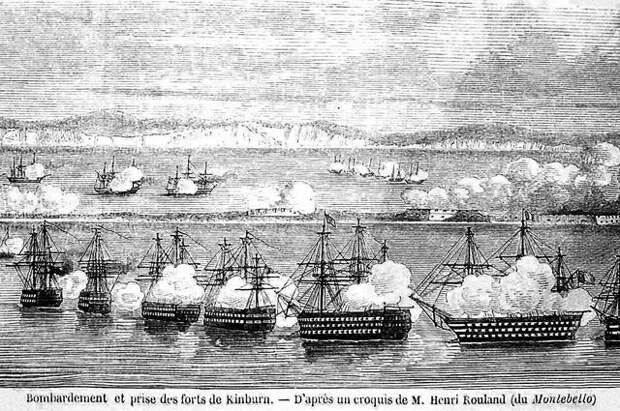 Корабли союзников, окружив Кинбурнскую косу, ведут массированный обстрел крепости.