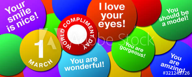 1 March World compliment day design with multicolored circles with compliments 