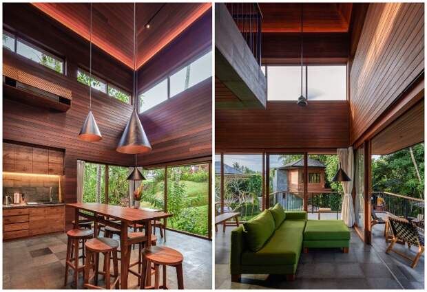 Открытая планировка зоны гостиной-столовой делает пространство более объемным (Birdhouses resort, Индонезия).