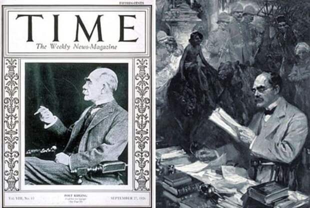 Слева – Редьярд Киплинг в возрасте 60 лет на обложке журнала «Time», 1926. Справа – писатель и его герои | Фото: 2queens.ru и manwb.ru
